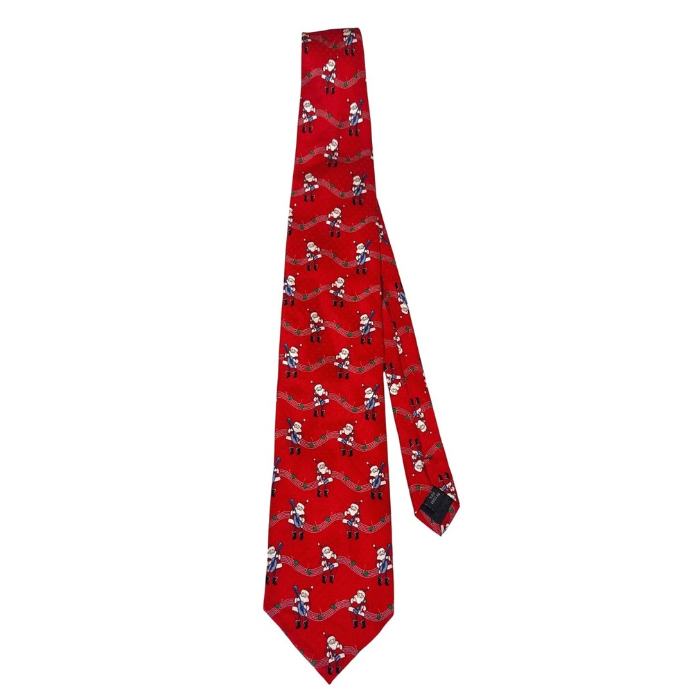 Holidays Mens Red Silk Necktie Santa Claus Playing Banjo Musical Christmas Tie